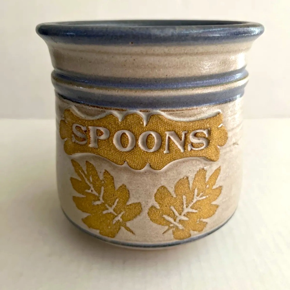Vintage handcrafted Pottery Clay Canister Kitchen Utensils Spoons Holder  signed